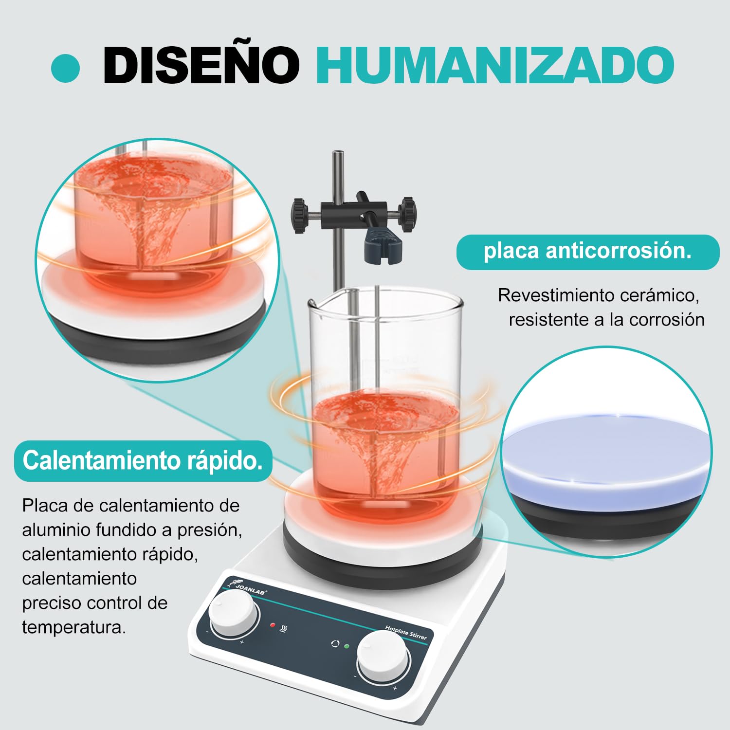 JOANLAB Agitador Magnético con Placa Calefactora, 5 Pulgadas, 260°C, 200-1500 rpm, Capacidad 3L, Funciones de Agitación y Calentamiento, Control de Perillas, Placa de Acero Inoxidable y Cerámica