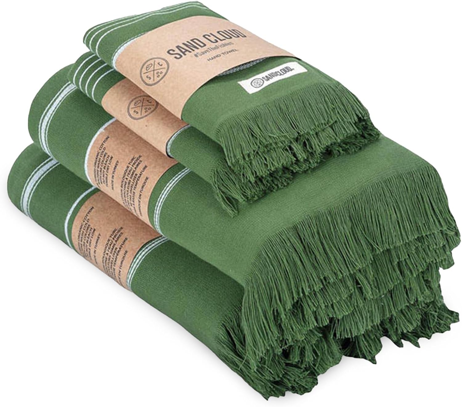 Sand Cloud Turkish Bath Towels Bundle for Bathroom, Set of 4 (Classic Green) - Large Size - 100% Certified Organic Cotton Yarn is Lightweight, Soft & Absorbent - Premium Bath Towels Dry Faster