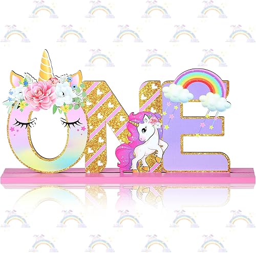 Letrero de unicornio de una letra para el primer cumpleaños, centro de mesa de madera con arco iris, decoración de mesa de cumpleaños, suministros