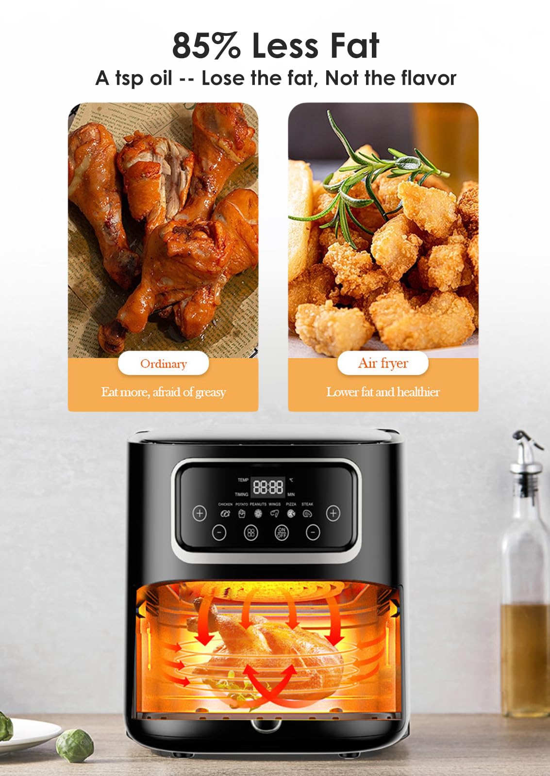 COYOUCO Friggitrice Ad Aria 8 Litri 1400W Antiaderente 9 Programmi Preimpostati - Cottura Senza Olio - Timer Temperatura 60 Minuti - Cestelli Lavabili in Lavastoviglie