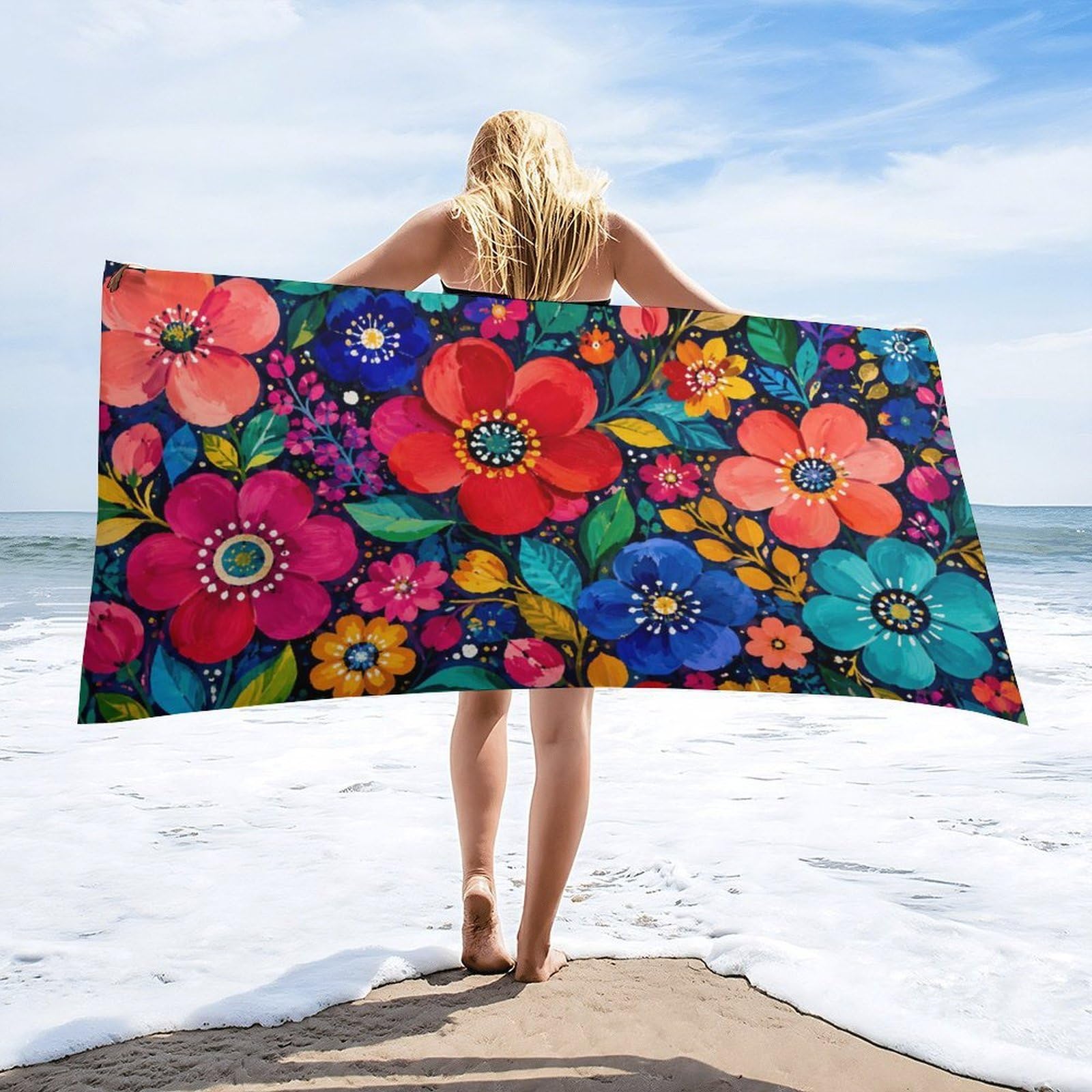 Anceky Colorful Floral Beach Towel 32"×63",Soft Microfiber Bath Towel Shawl, Quick Dry Absorbent Pool Spa Gym Shower Towel