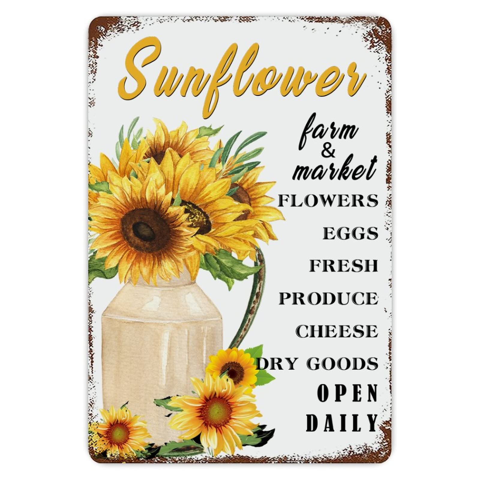 ENEDNATE Sunflower Farm Sign Flowers Eggs Fresh Open Daily Vintage Metal Tin Sign 8x12 inch Aluminum Sign for Kitchen Bars Restaurants Cafes Pubs Wall Decor