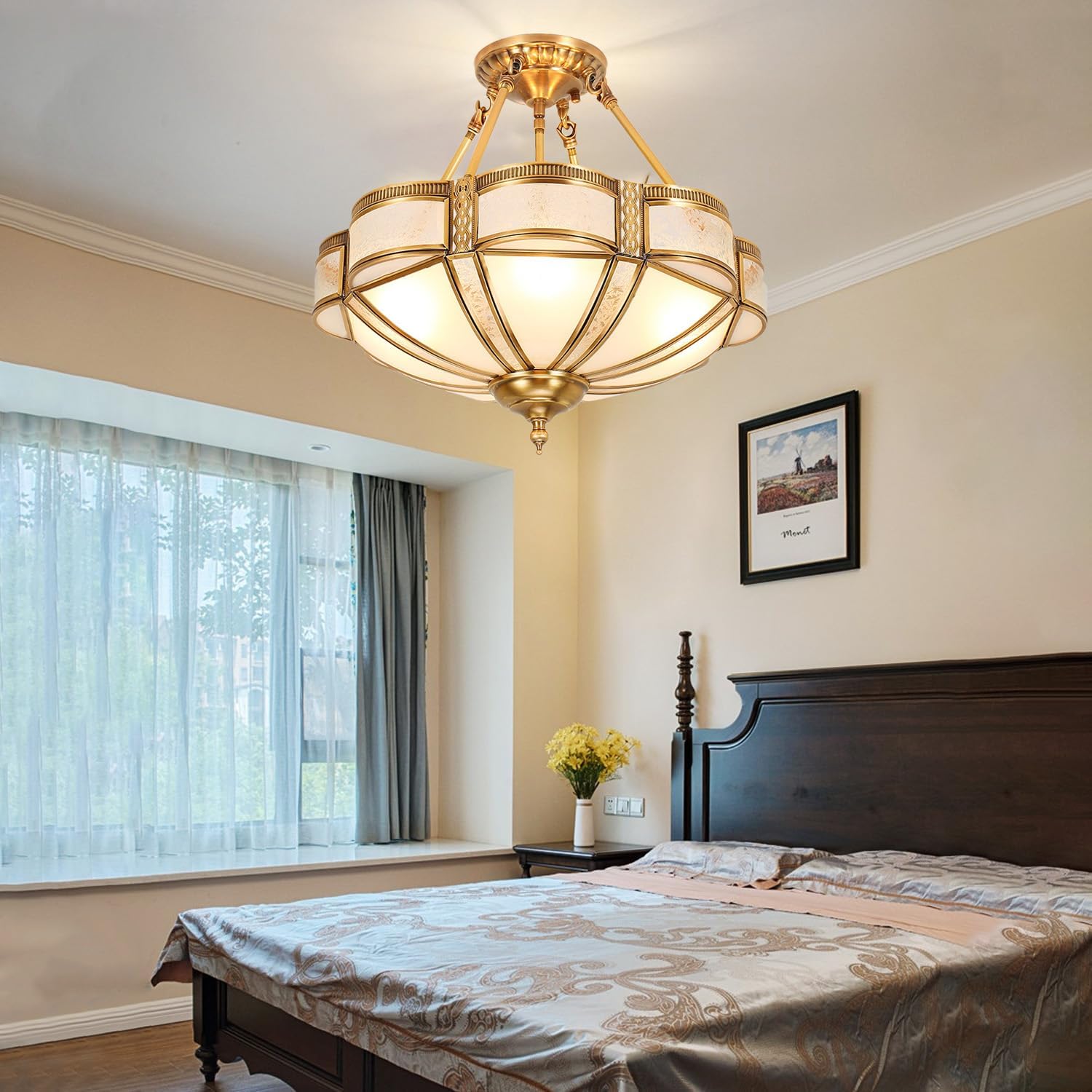 MIXL-4-Light Semi Flush Mount Brass Ceiling Light,Gold Dining Room Chandelier,Frosted Glass Ceiling Lamp,Mid Century Modern Flush Light for Living Room Bedroom and Office