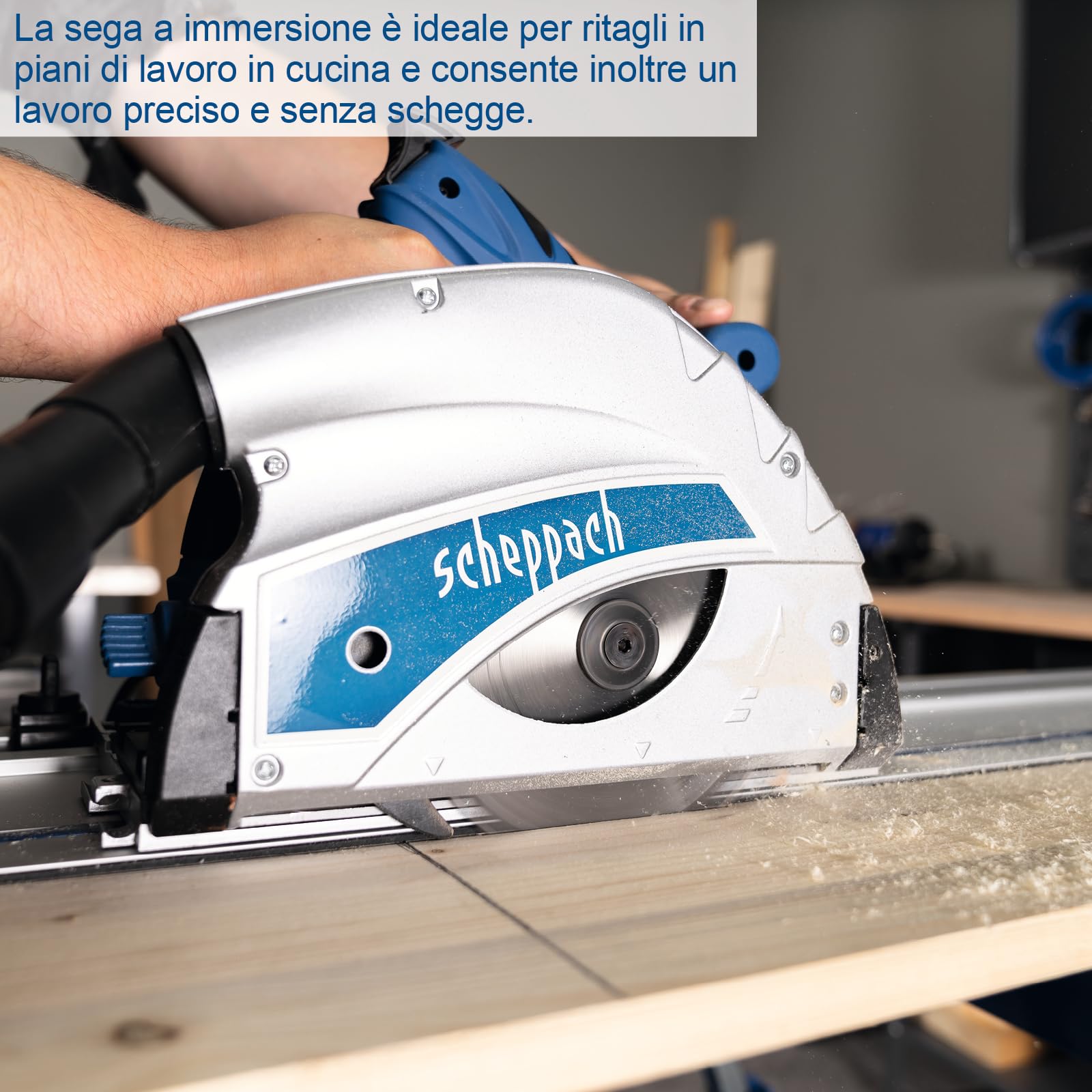 Sega a immersione Scheppach PL55 + 2 guide da 700 mm | Sega a mano/tuffo | Potenza 1200 W | Profondità di taglio 55 mm | Lama Ø 160 mm con 24 denti | Inclinazione con protezione da