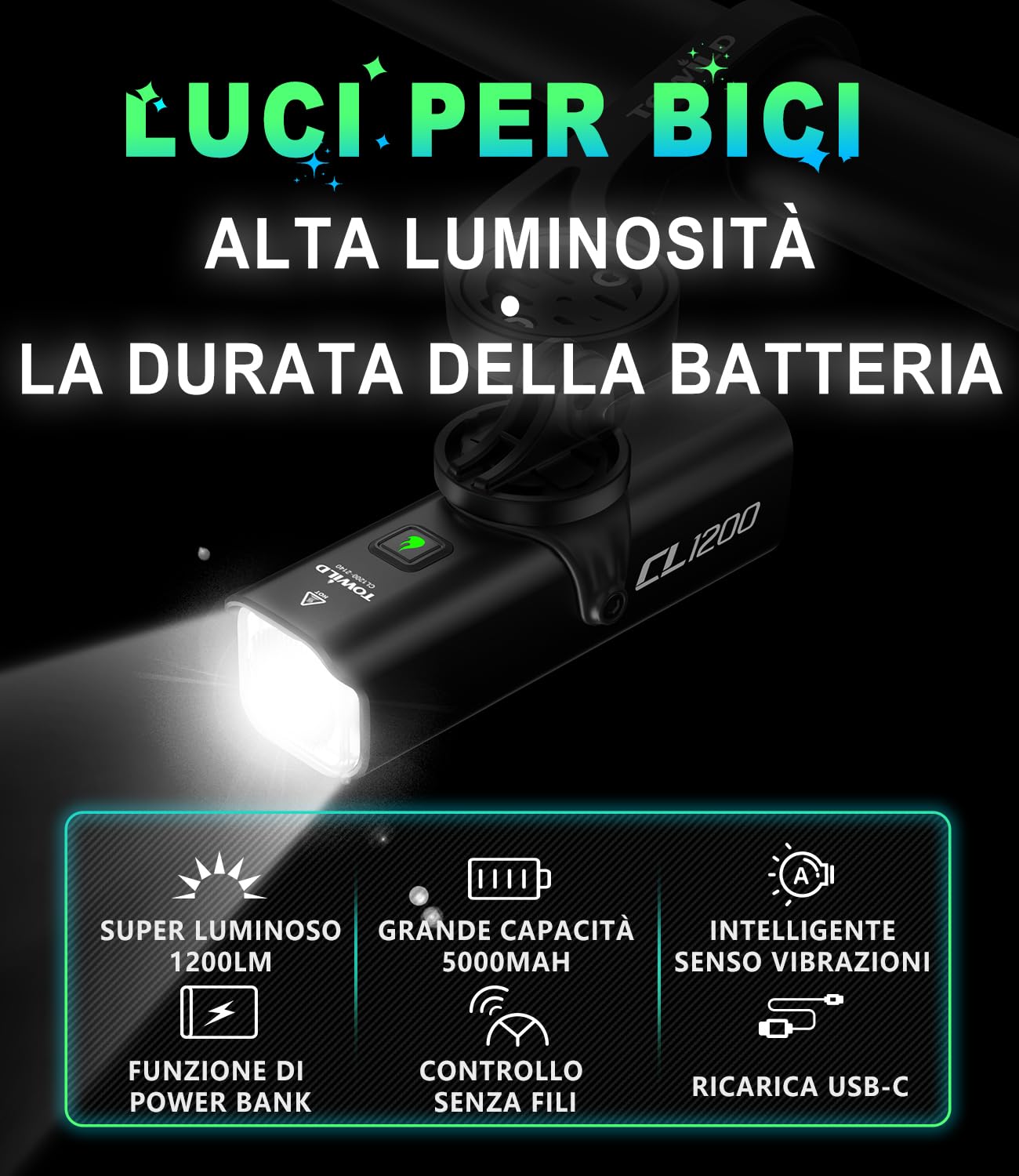 towild Ciclismo Luci Bici Luce Anteriore della Bicicletta, Bici fari 1200 Lumen 5000mAh Ricaricabile Installazione inversa Type-C IPX-6 Impermeabile 5 modalità Luci Bicicletta Led Ciclo Faro