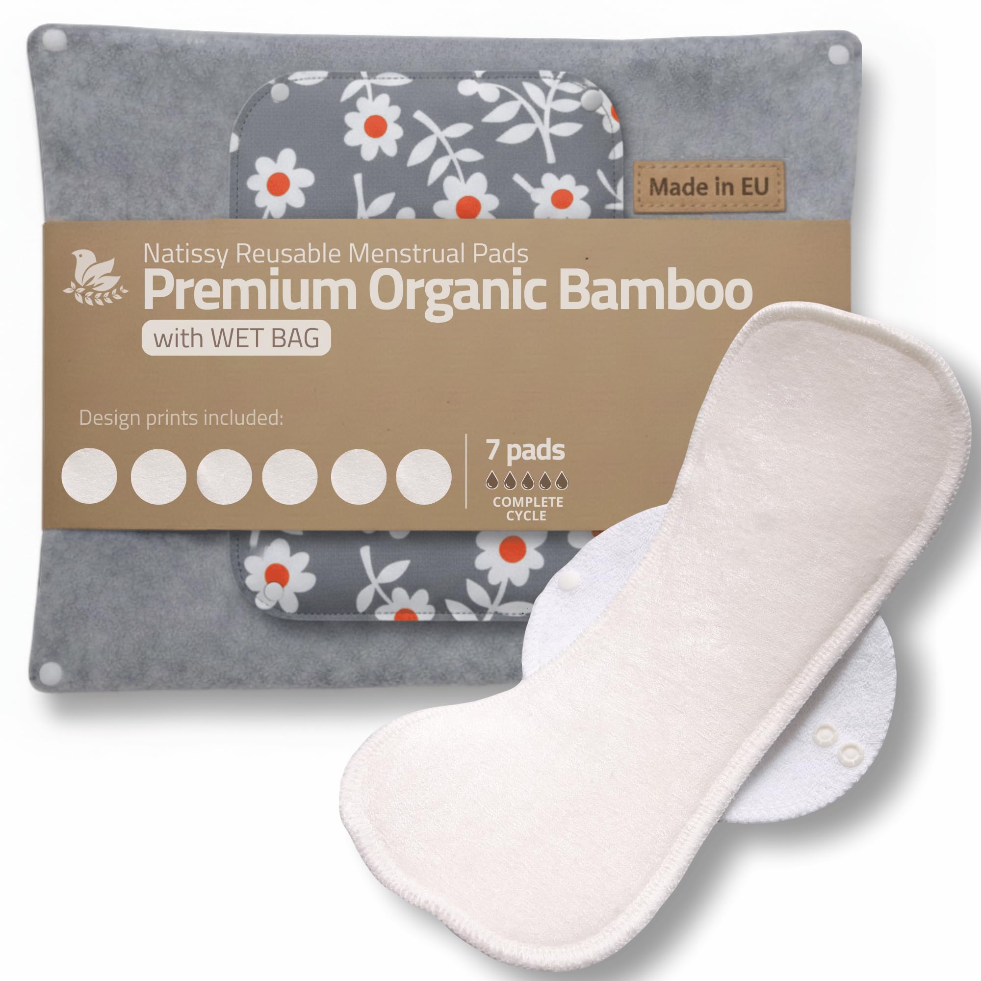 Wielokrotnego użytku podkładki sanitarne, 7-pak bambusowe zmywalne podkładki menstruacyjne dla kobiet, wkładki materiałowe wyprodukowane w UE, ręczniki organiczne na okres menstruacyjny, nietrzymanie, po porodzie, lekkie i silne przepływy z chemikaliami