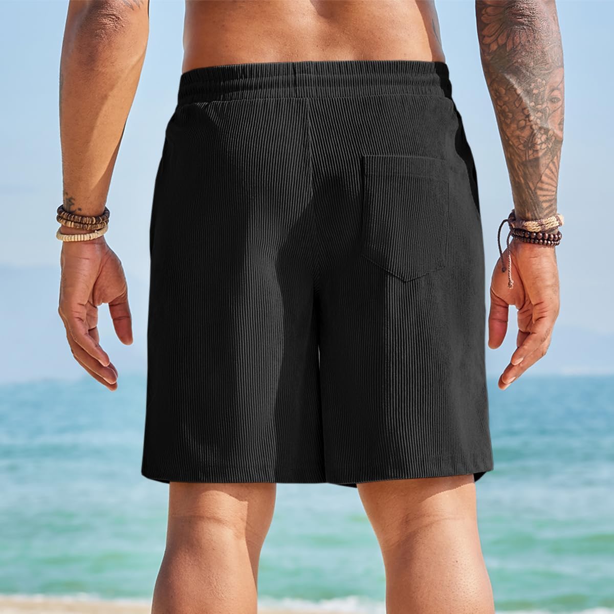 Yousify Men's Corduroy Shorts Casual Elastic Waist Drawstring Summer Beach Vacation Shorts with Pockets - Image 4