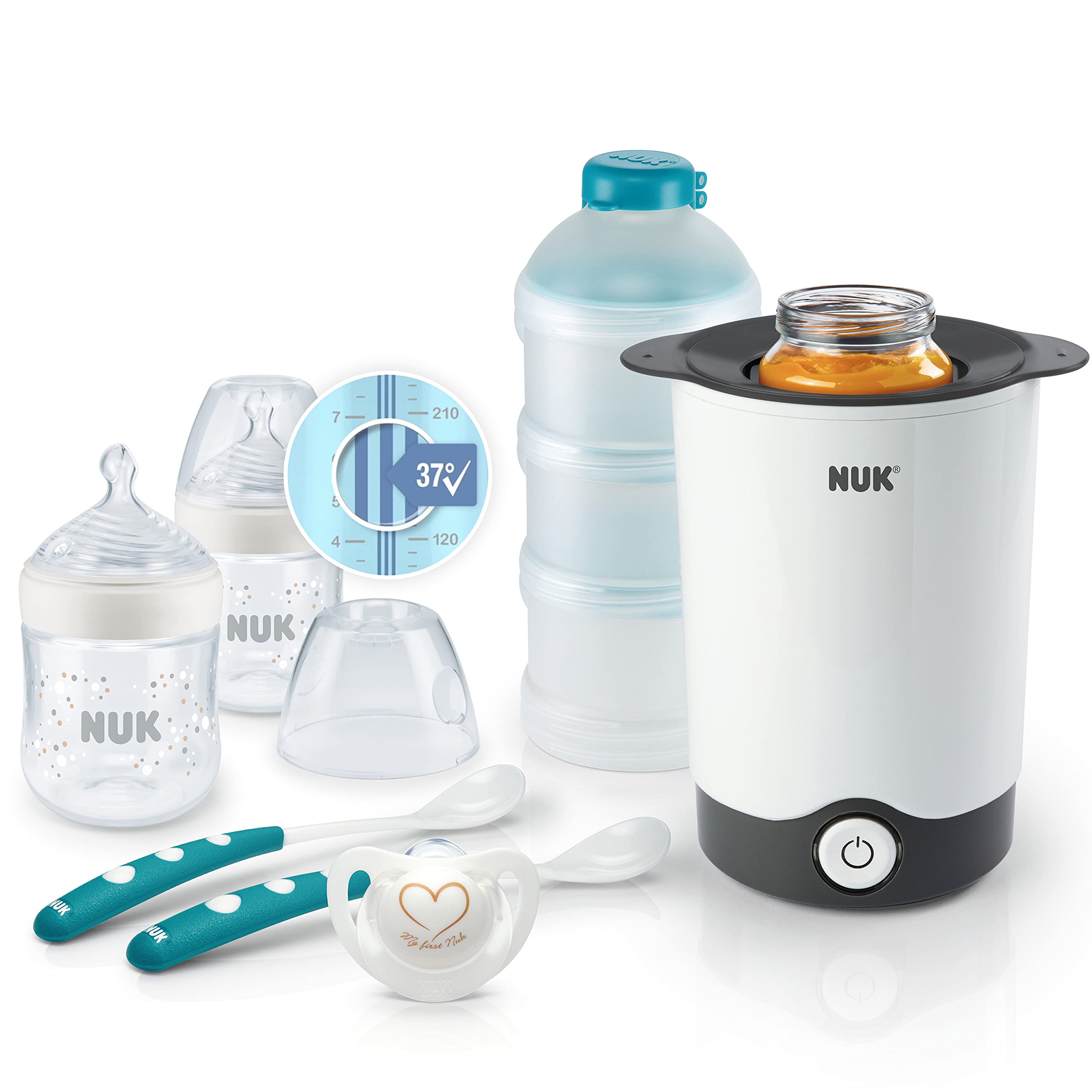 NUK Nature Sense Perfect Starter Baby Bottle Set | 2 (150 ml, 0-6 M) Anti-Colic Bottles with Temperature Control Display, Dummy, Bottle Warmer, 2 Feeding Spoons & Milk Powder Dispenser | 7 Pieces