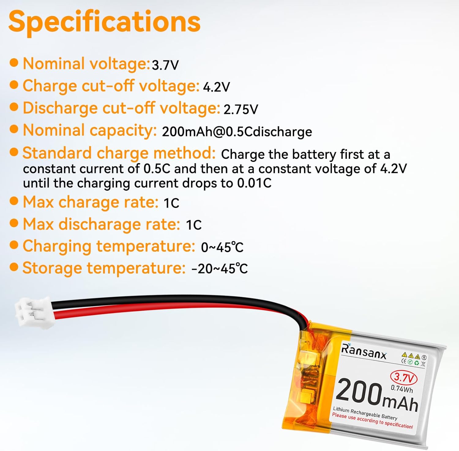 Detailed specifications for the Ransanx 3.7V 200mAh LiPo battery, including nominal voltage, charge/discharge cut-off voltages, nominal capacity, charge/discharge methods, and temperature ranges.