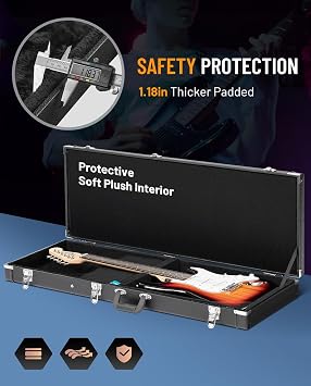 CAHAYA Electric Guitar Case Hard Shell Lockable Fits Strat Tele Les Paul | 4-Layer Protective Structure Black HardShell Case for Standard Electric Guitars with 1.06 Foam Padding & Compartment