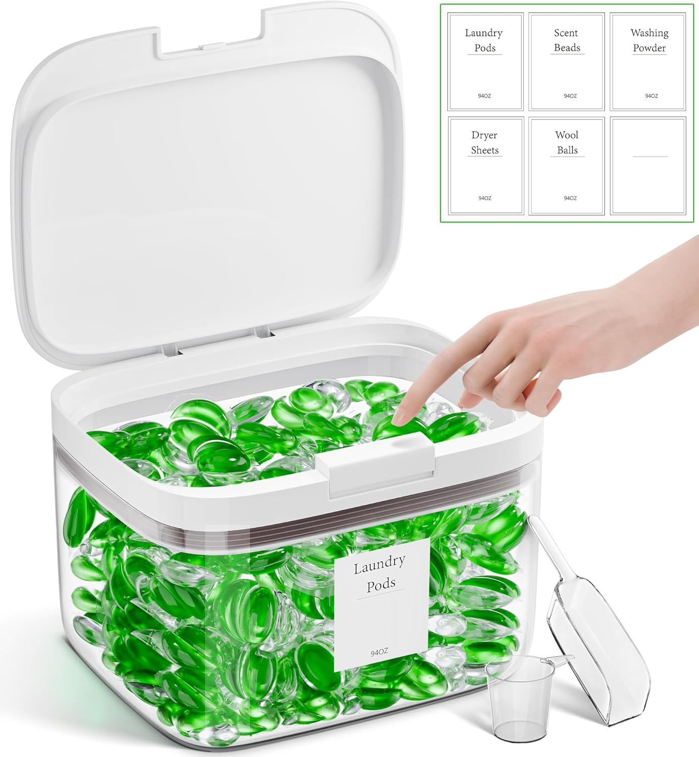 94OZ Laundry Pods Container, Clear Dishwasher Pod Container Holder Storage Dispenser, Laundry Room Organization for Dryer Sheet/Powder with Scoop and Labels, Plastic