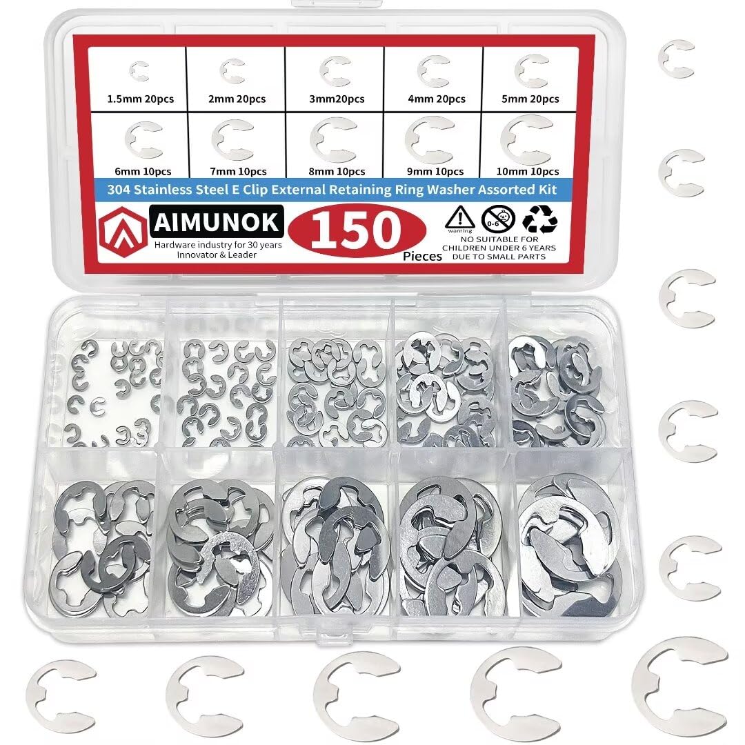 150Pcs E-Clip External Retaining Rings Snap Rings Assortment Set, 304 Stainless Steel C-Clip Kit, 10 SAE Sizes Circlip Snap Rings M1.5- M10