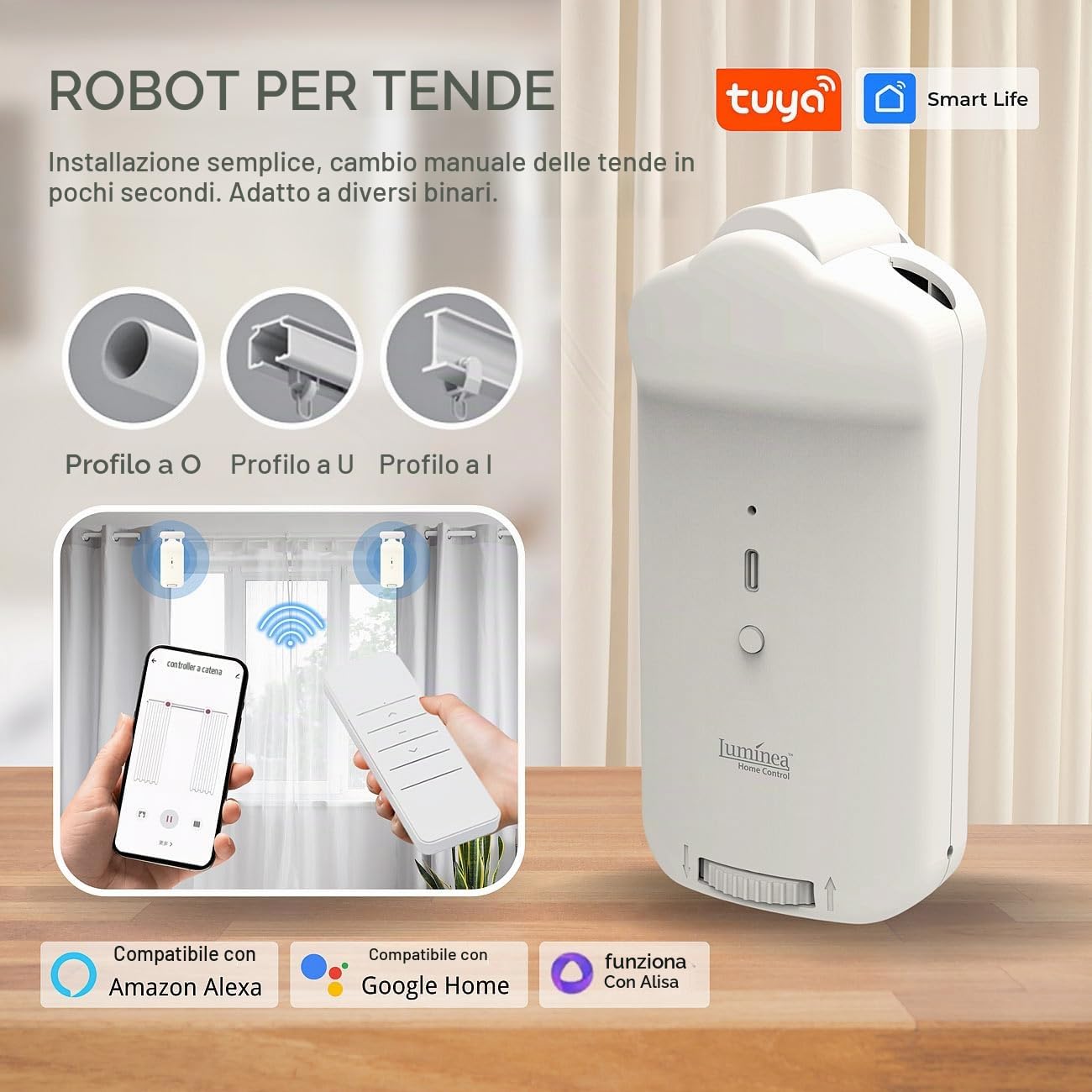 Luminea Home Control motore per tende: Motore universale per tende 3in1 intelligente, Batteria Li-Ion da 5.200 mAh, Bluetooth (telecomando, compatibile Tuya, alexa)