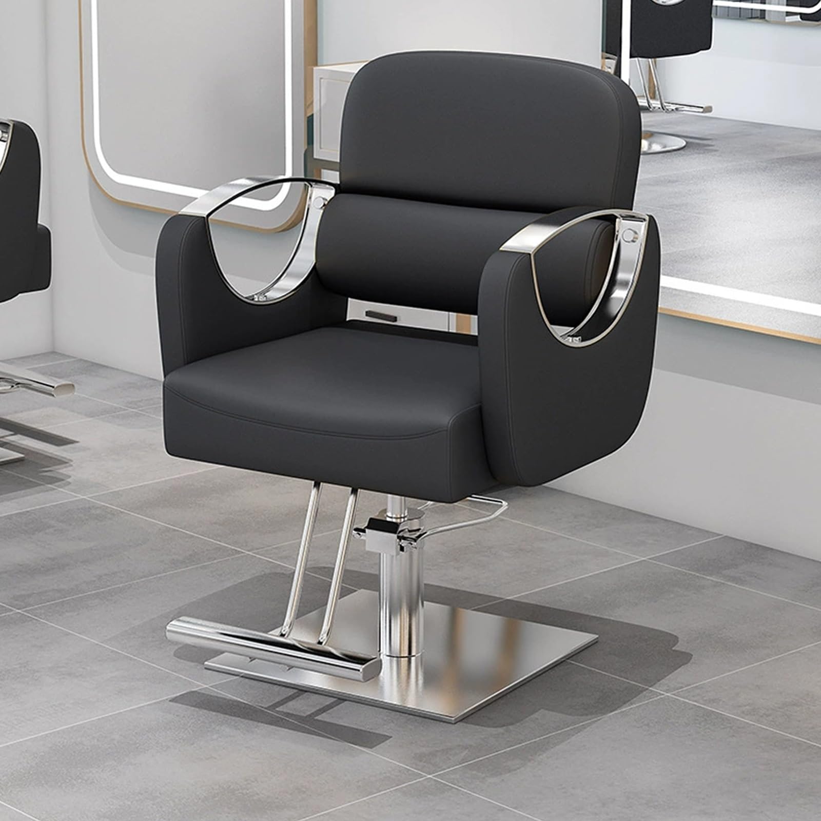 Sillas de barbero, Silla de Estilista de salón con reposapiés - Silla de Cuero giratoria de 360° con Elevador hidráulico y Base Plateada galvanizada para barbería, peluquería, SPA (Negra)