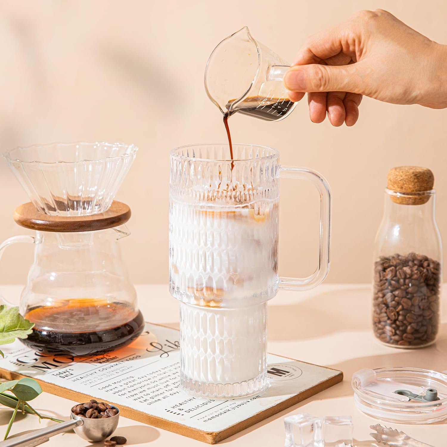 26oz Raindrop Glass Tumbler with Handle - Set of 2, Reusable Iced Coffee Cup, Glass Cup with Lid and Straw for Smoothies, Juice, Coffee, Tea, Milk & More - Image 4