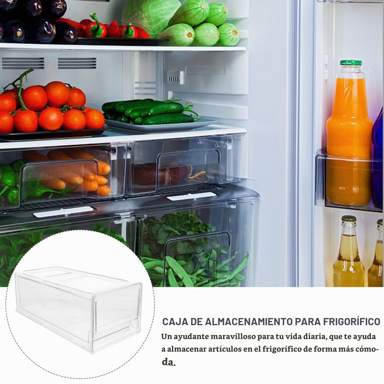 Caja de Almacenamiento de Refrigerador Apilable Contenedor de Alimentos Extraíble para Frigorífico Organizador de Cajón de Premium para Verduras Frutas y Comidas