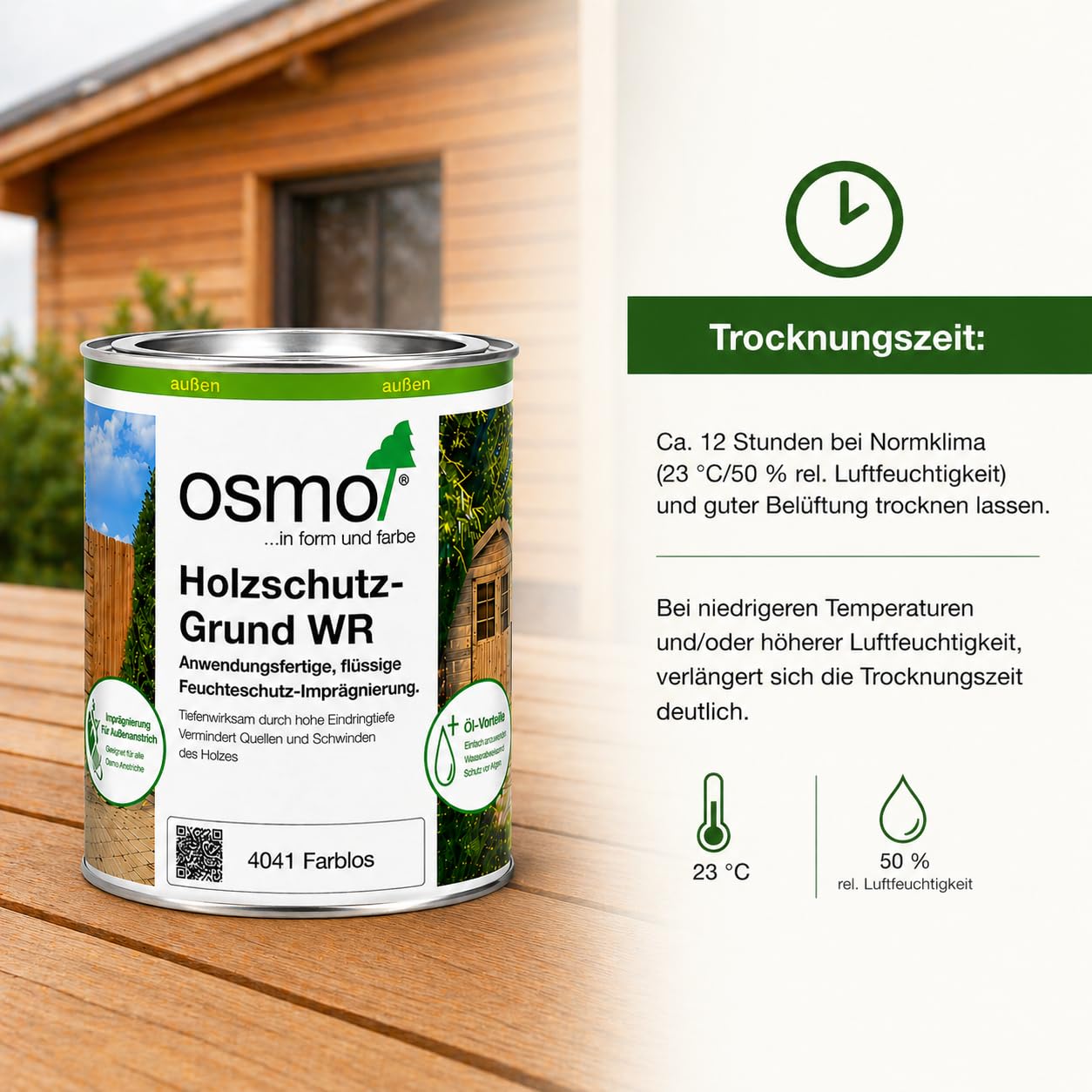 OSMO. Holzschutz-Grund WR 4041 Farblos 0,75L – Holz Imprägnierung für Außenholz, schützt vor Feuchtigkeit, geruchsarm, inkl. PFAHLER Flächenstreicher
