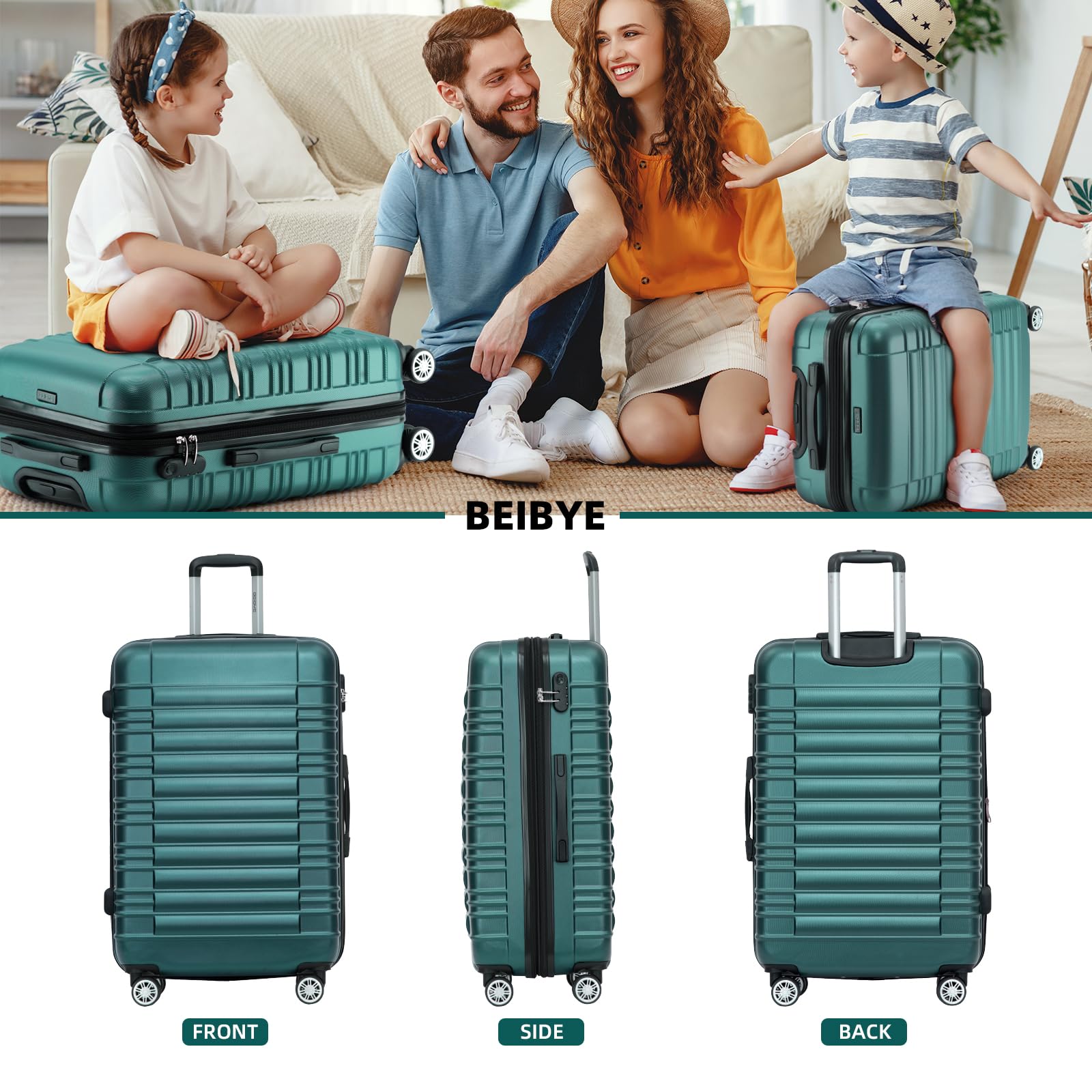 BEIBYE Hartschalen Koffer Trolley Rollkoffer Reisekoffer Zwillingsrollen Kofferset (Dunkelgrün, Set)