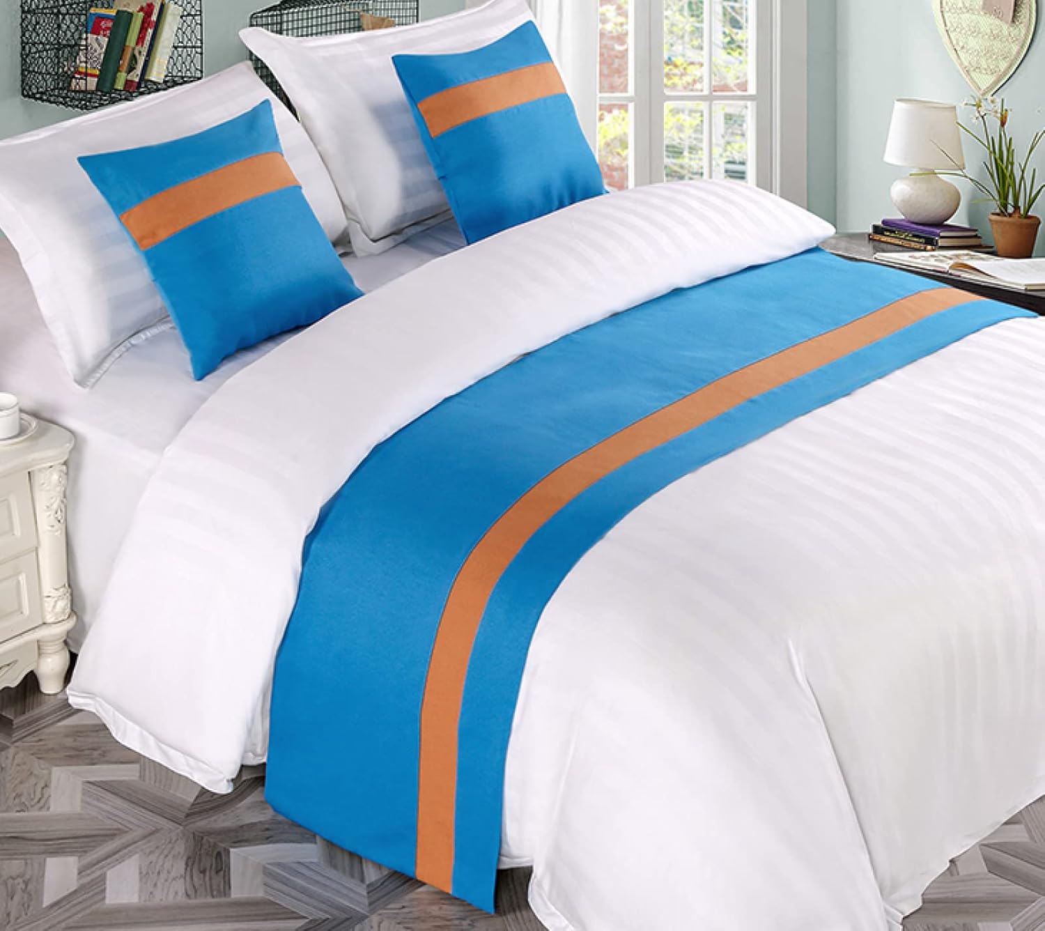 Bed Runner, Design Geometric Streaks, Decorative Accent Bedding Scarf for Hotels Homes and Guestrooms,Green Orange,50 X 240cm (Bed Scarf Only)