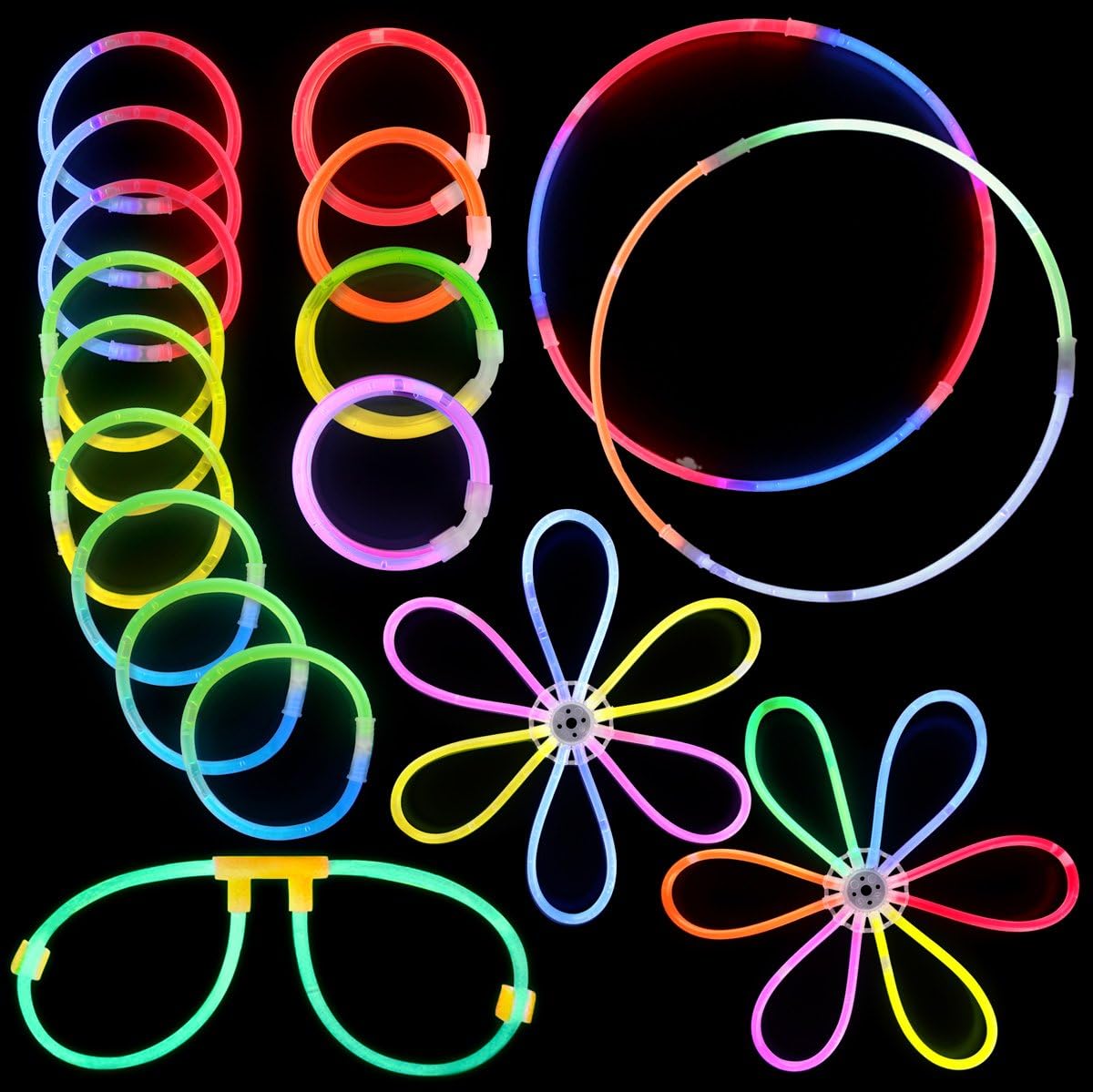 FlashingBlinkyLights 100 8" Premium Glow Stick Bracelets Party Pack- Bulk Glowstick Bracelets in Assorted Colors & Connectors to Make Necklaces, Glow in the Dark Glasses & Glowing Flowers/Ball