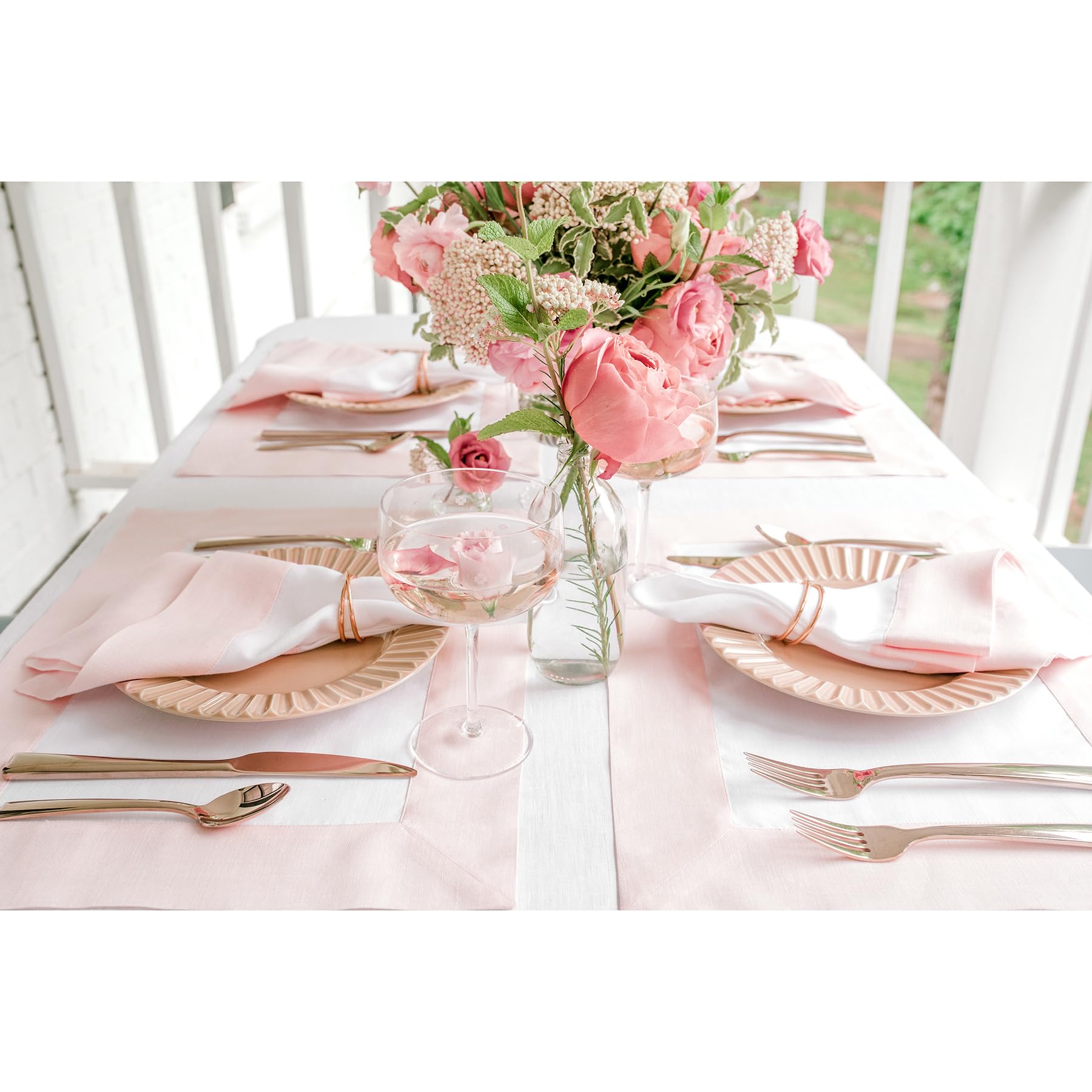 Solino Home Contempo - Juego de 4 manteles individuales de lino 100 % puro, color rosa y blanco, 48 cm de largo x 35 cm de ancho, lavables para primavera, Pascua, color rosa y blanco