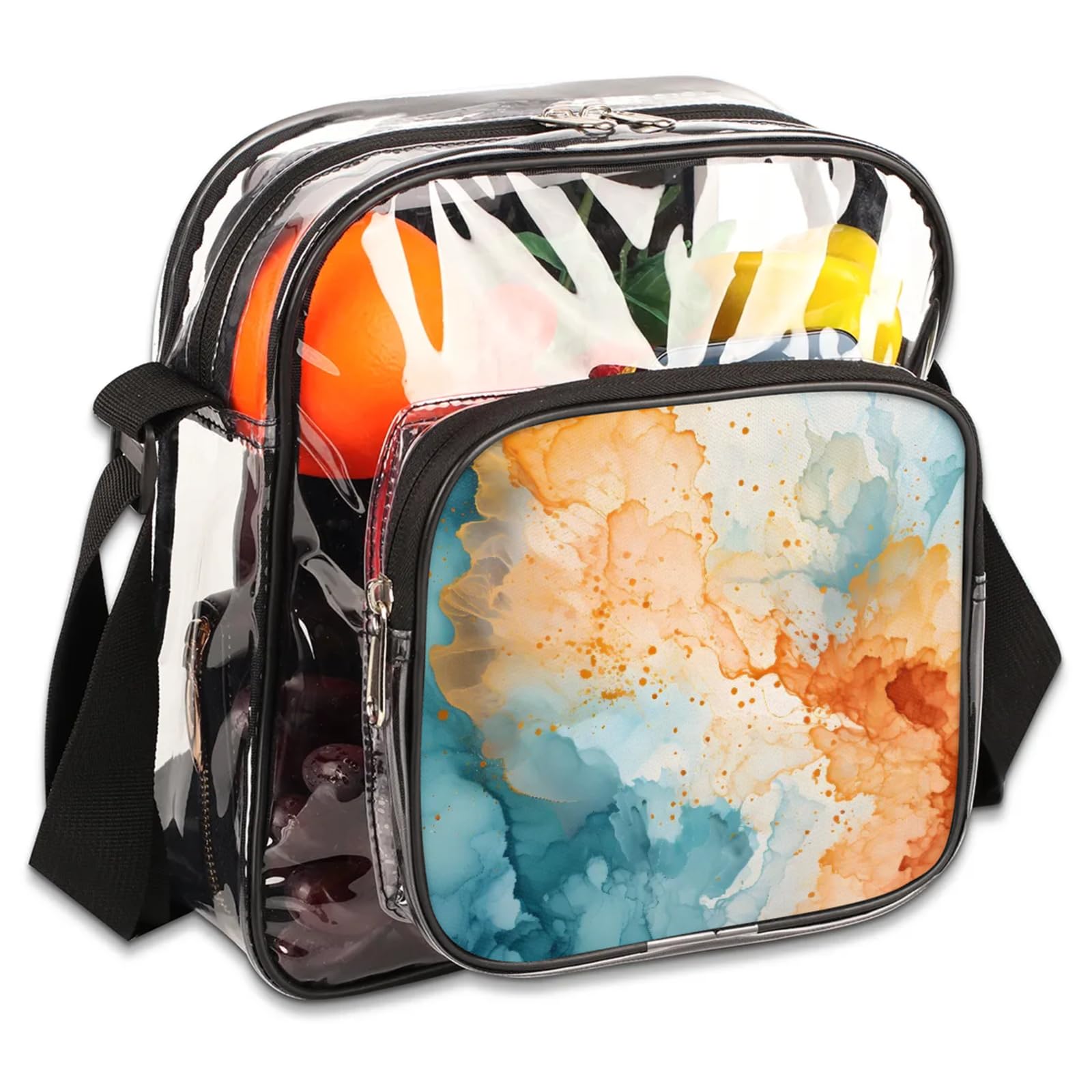 Clear Crossbody Bag Stadium Approved Beautiful Pattern Transparent Bag for Festivals, Sports Events, Concerts,Beach Bag for Women Men Luxury Abstract Fluid Clear Purse with Front Pocket Messenger Bag