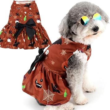Zunea Halloween Dog Dresses for Small Dogs Cats Pumpkin/Ghosts/Bat Print Puppy Girl Halloween Costumes Fancy Dress Soft Pet Skirt with Bow Knot Chihuahua Yorkie Clothes Outfits Brown S