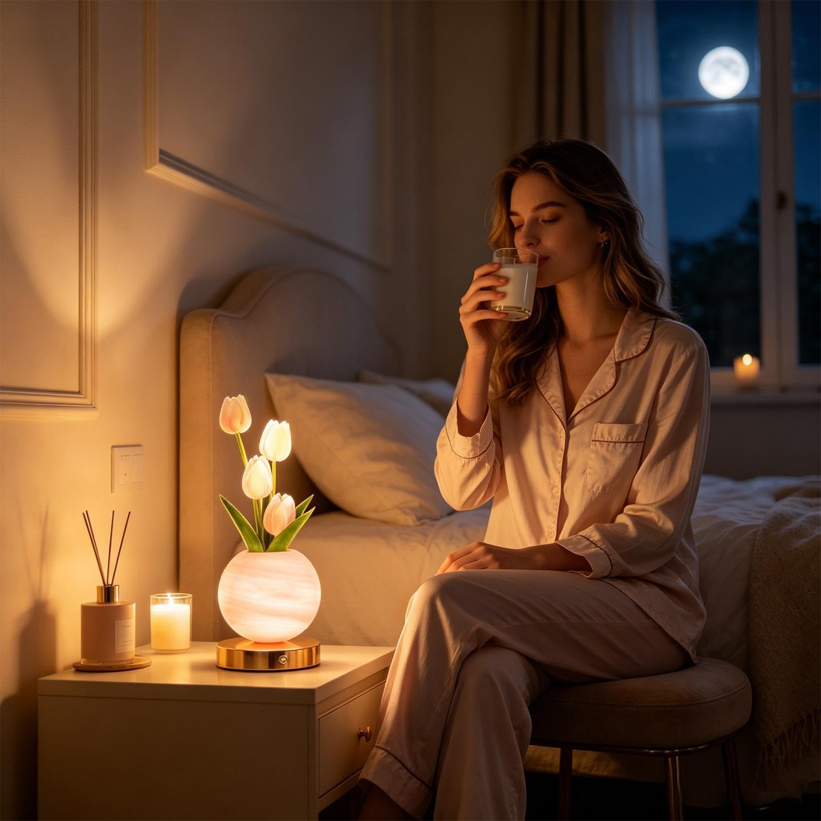 Lampa Biurkowa Kwiatowa 3-Kolorowa, Ściemnialna, Dotykowe Sterowanie, | Podświetlane Tulipany LED Lampka Nocna Damska Sypialnia Stolik Nocny Toaletka Czytanie