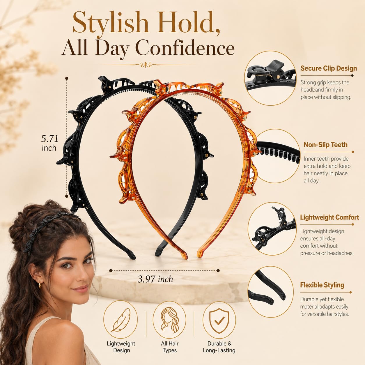 2 Pcs Braided Headbands with 8 Clips Each, 90s Y2K Butterfly Hair Clips Headband with Non-Slip Toothed Design, Bangs Styling Hair Hoops, DIY Fashion Hair Accessories for Women Girls image 4