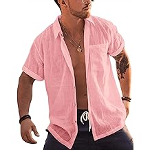 Mens Short Sleeve Button Up Shirts Linen Cotton Beach Tops Spread Collar Plain Summer T Shirt with Pocket