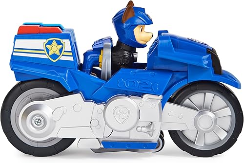 Miniatura 55 de Paw Patrol, Moto Pups Deluxe de Marshall, vehículo de motocicleta de tracción que hace piruetas, figura de juguete