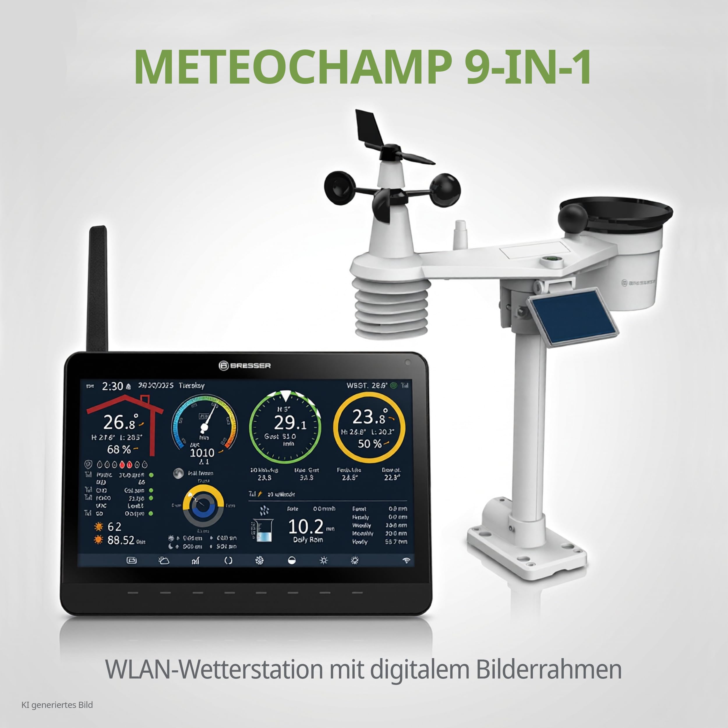 Bresser MeteoChamp Profi WLAN Wetterstation Funk mit 9 in 1 Außensensor | Innentemperatur und Außentemperatur, Luftfeuchtigkeit, Regenmesser, Windmesser, UV, Licht, WBGT, Wettervorhersage, App