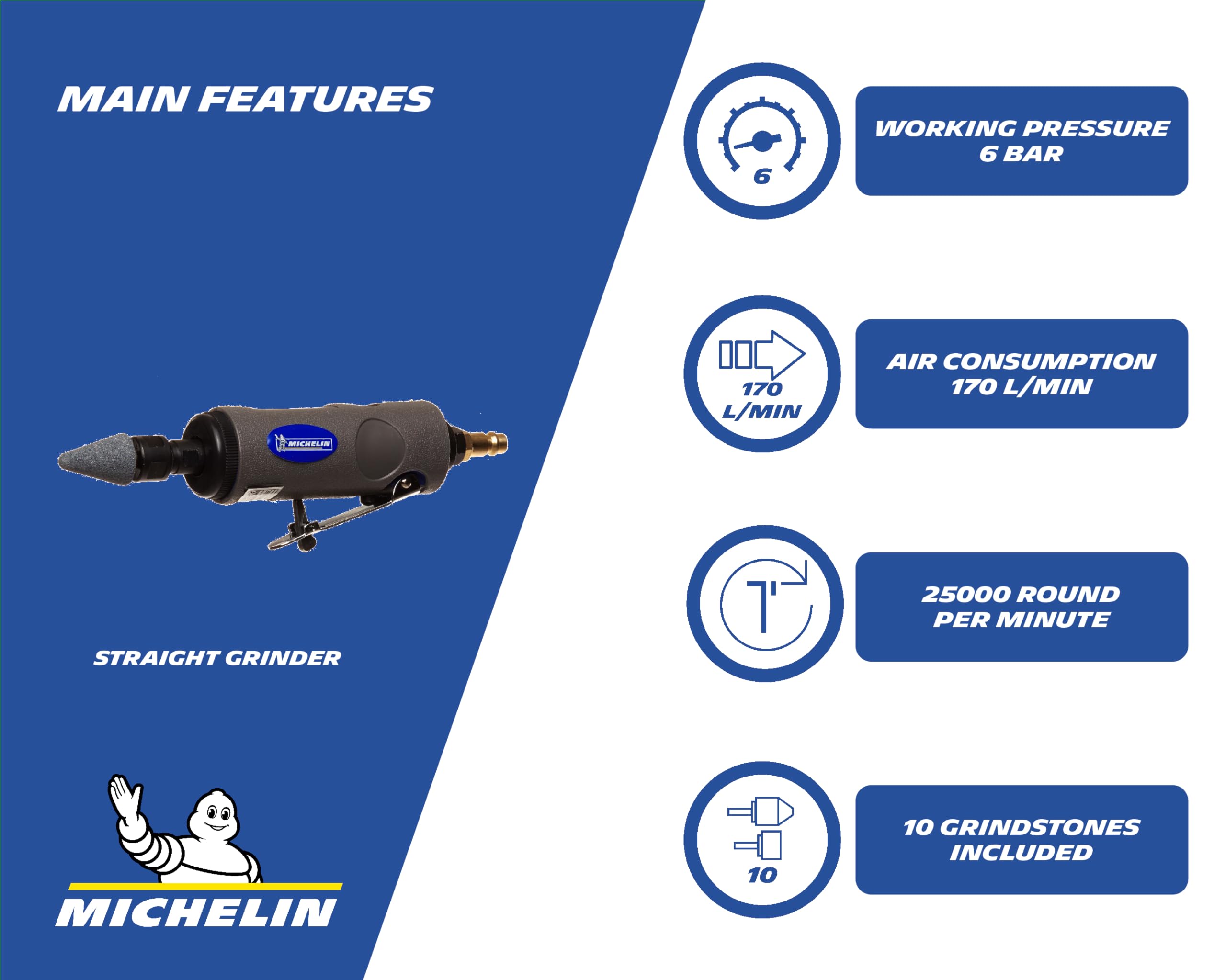 MICHELIN Coffret Meuleuse Droite - 10 Meules - 2 Mandrins - 2 Clés de Serrage - Consommation d'Air : 150-170 l/min - Pression d'Utilisation : 6 bar - Vitesse élevée de 25 000 tr/min