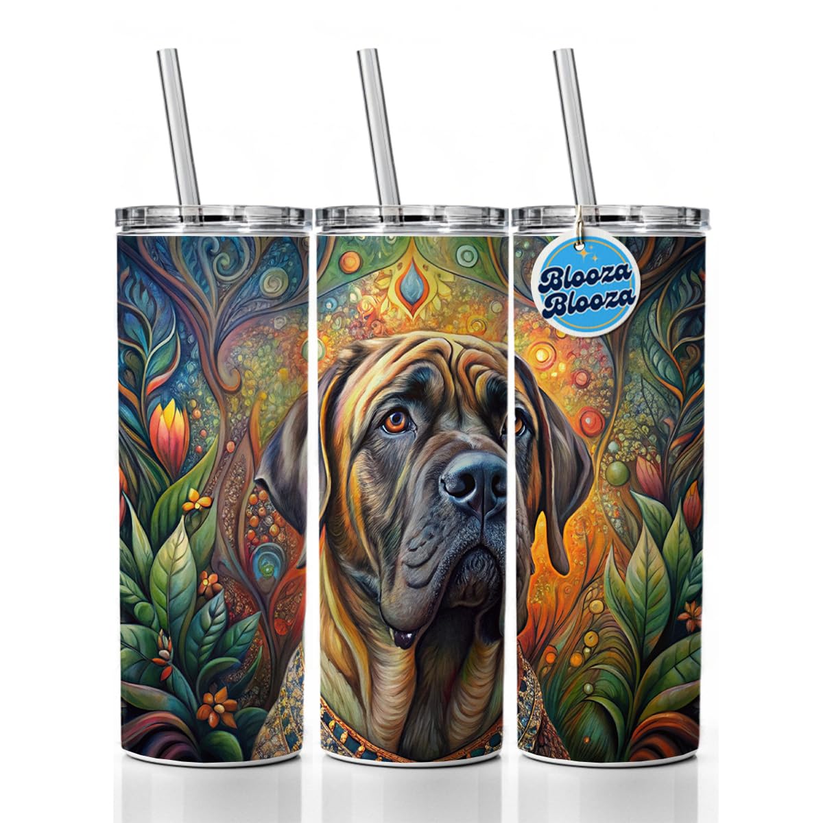 Mastiff Dog Bohemian Art Skinny Tumbler 20oz with Straw Insulated Water Bottle Gift