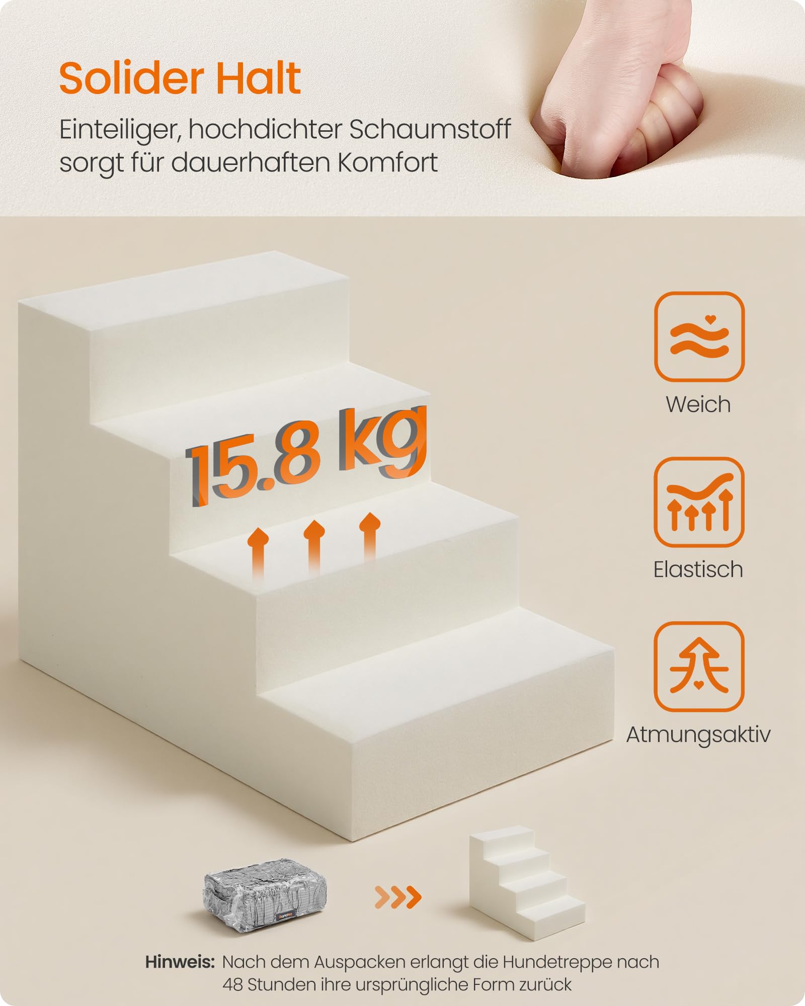 Feandrea Hundetreppe, 4 Stufen, aus Schaumstoff, 62 x 40 x 44 cm