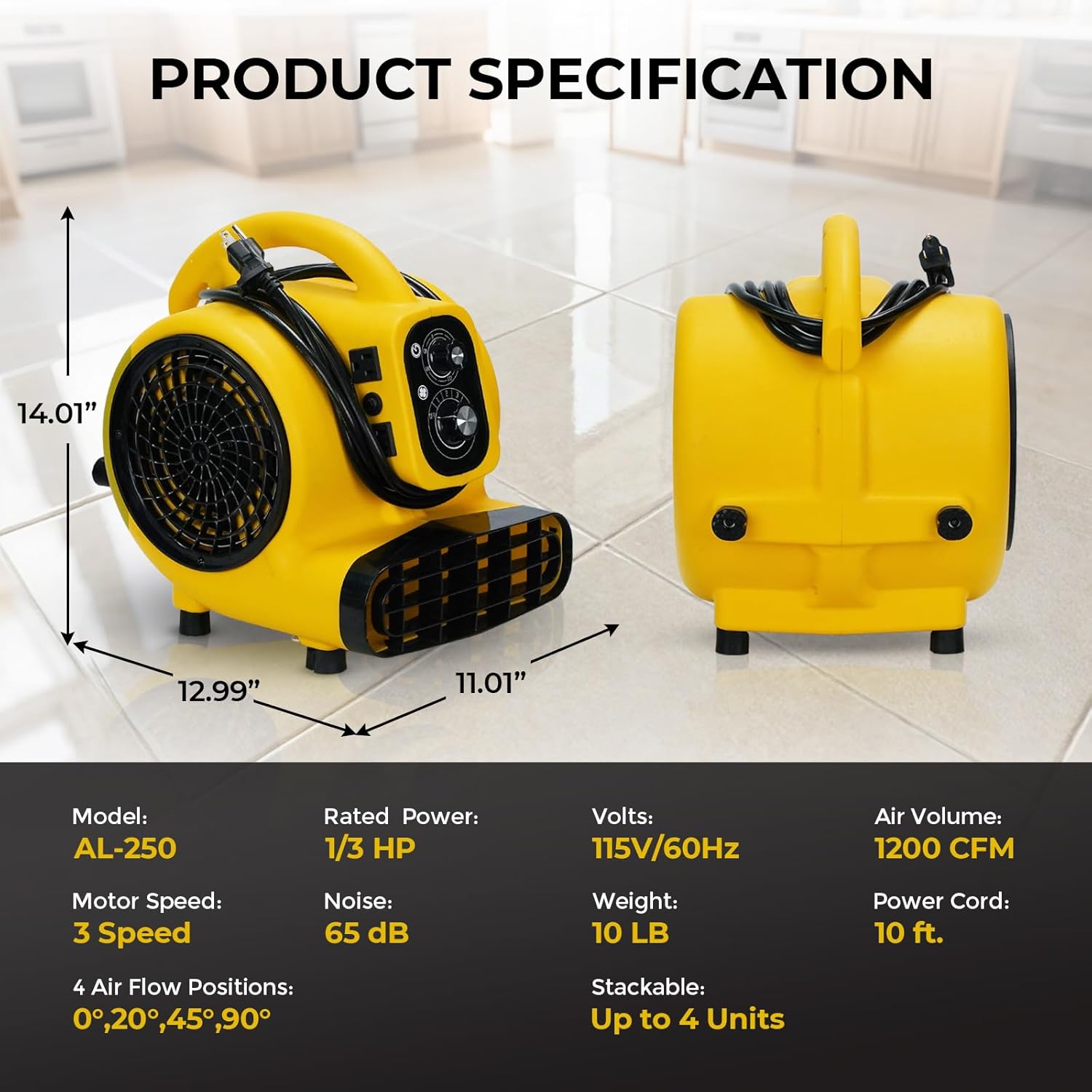 VENTISOL Air Mover Blower Fan, Industrial 1/3HP 1200CFM Monster Floor Blower Carpet Dryers, 3 Speeds, 4 Adjustable Angles, Timer, Stackable, for Janitorial, Home, Commercial