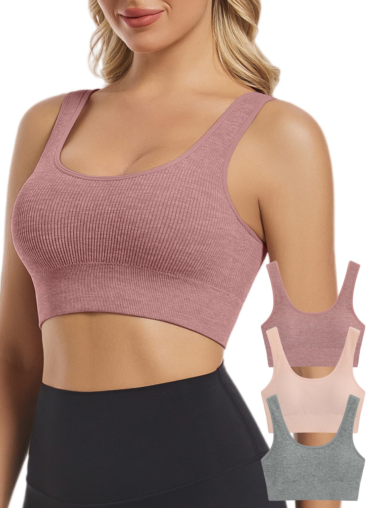 Chilylori Seamless Sports Bras for Women Pack of 3 Ribbed Sports Bra Workout Tops Cropped Tank Top Comfort Padded Yoga