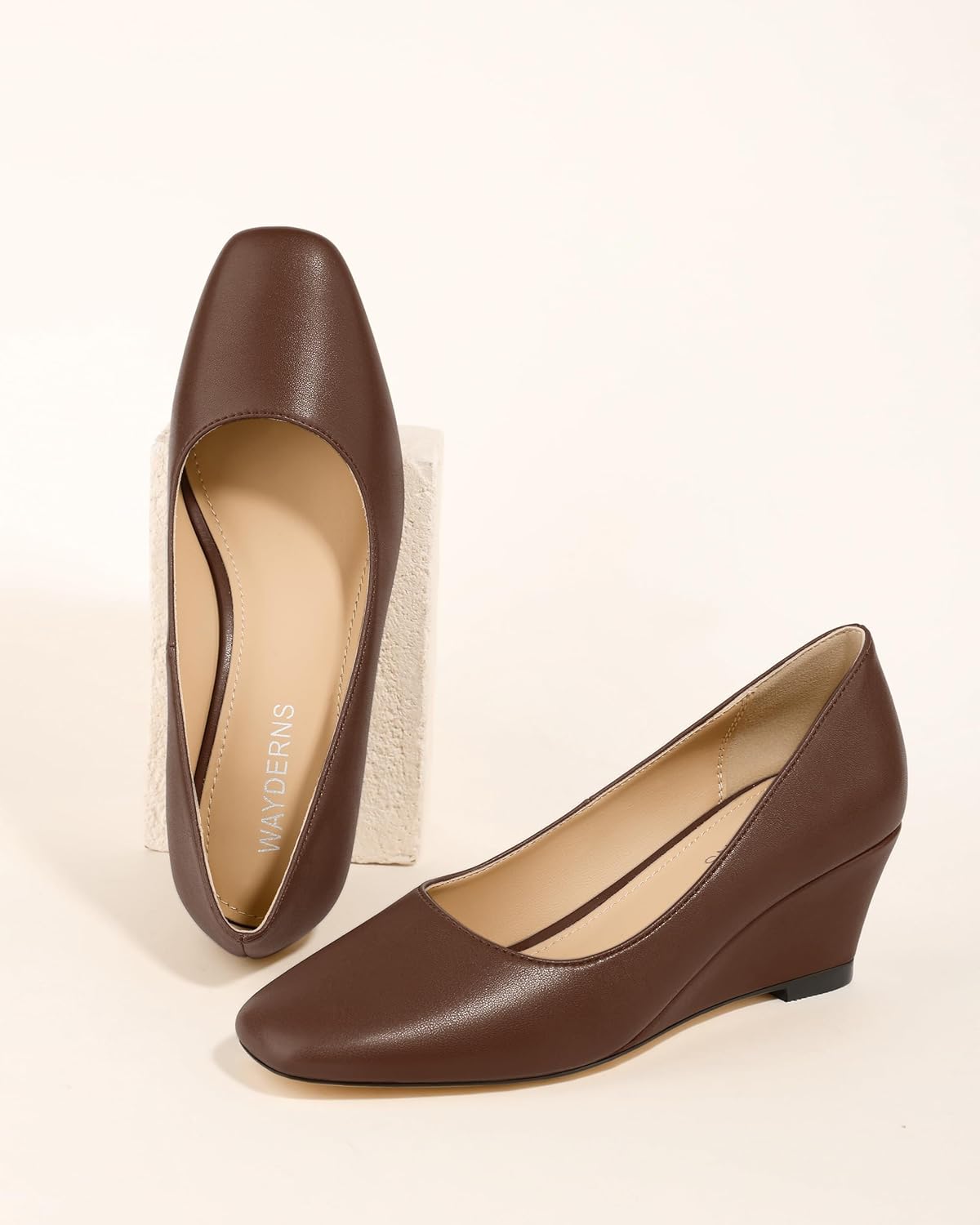 WAYDERNS Closed Toe Wedge Heels for Women Professional Slip on Work Pumps with 2.5 Inch Heel Comfortable Square Toe Office Dress Shoes