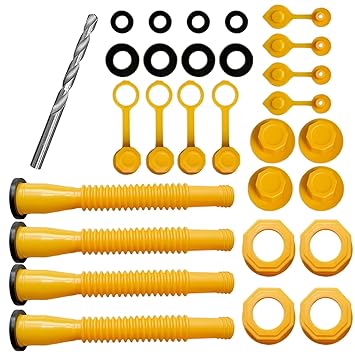 NASHARIA Gas Can Spout Replacement: 3 Sets Gas Can Nozzle Gas Can Spout Replacement 5 Gal Replacement Gas Can Spout with Nozzle Vent Caps Rubber Gasket Drill Bits Auxiliary Base Cap Fit Most of Cans