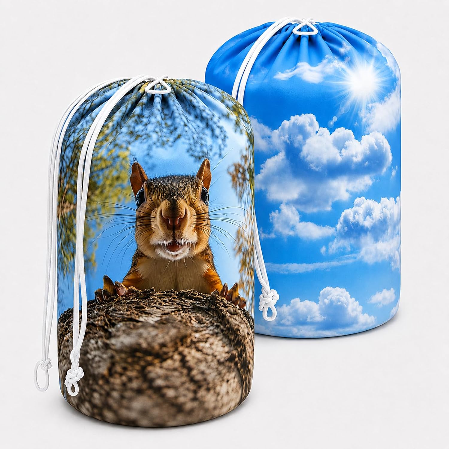 2 Pack 3D Cylindrical Drawstring Laundry Bags, 33 x 52 cm, Fabric Storage Bags, Multi-Purpose Dirty Clothes and Toy Storage Bags for Dorm, Home and Travel, 100+ Assorted Prints, Random Colors(Small)