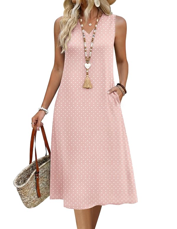 Zeagoo Dresses for Women 2026 Casual Summer Dress Sleeveless A-Line Midi Vest Tank Dress Pink Polka Dot S by Zeagoo - Used condition - US$18.99