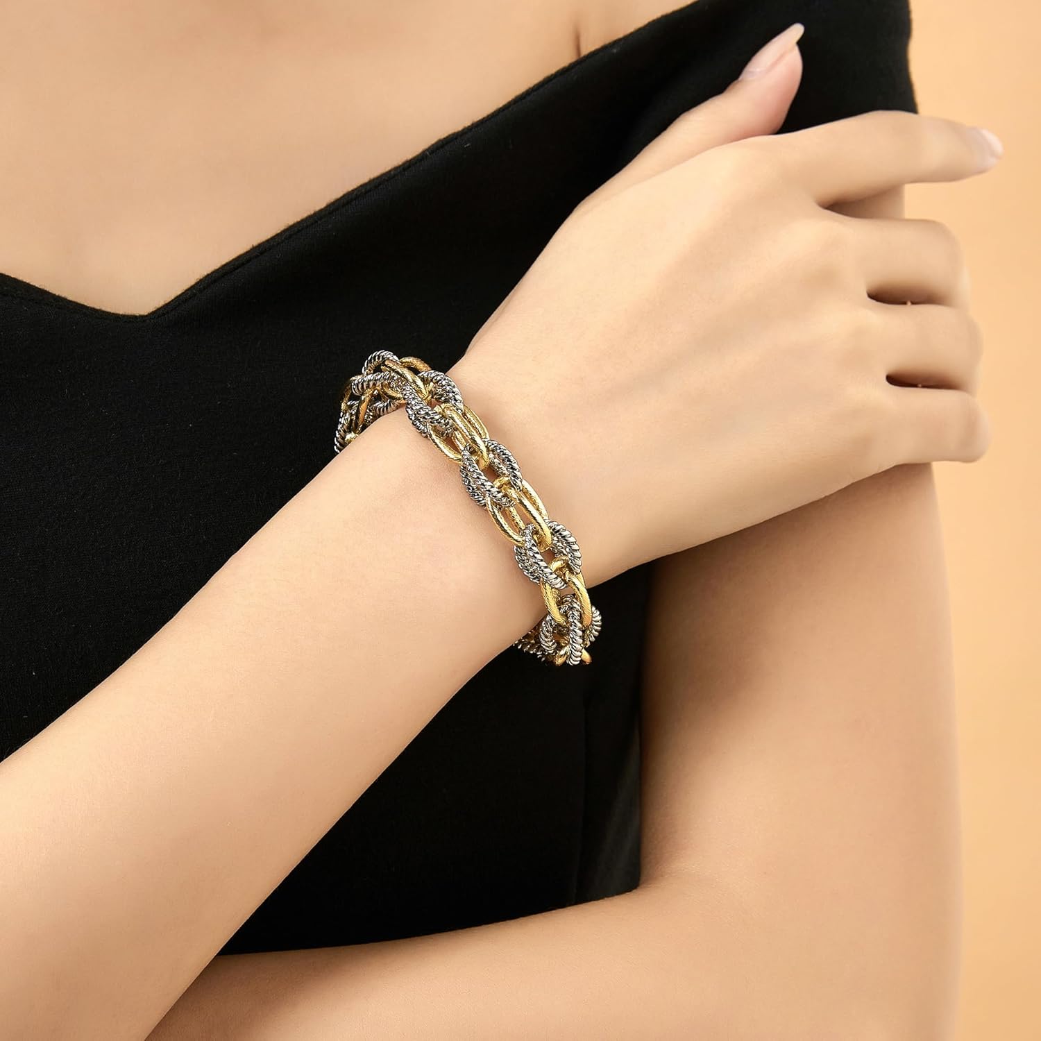 Mytys Chunky Chain Link Bracelet Two-Tone Mixed Metal Textured Toggle Clasp Statement Bangle Bracelet Jewelry for Women Fashion - Image 2