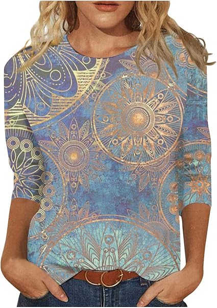 HTHLVMD Womens 3/4 Length Sleeve Tops 2025 Fall Fashion Floral Print Crewneck Causal Trendy Tunic Tops for Women