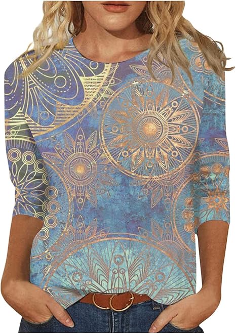 HTHLVMD Womens 3/4 Length Sleeve Tops 2025 Fall Fashion Floral Print Crewneck Causal Trendy Tunic Tops for Women