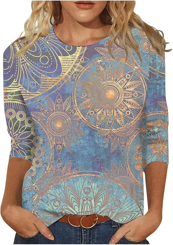 HTHLVMD Womens 3/4 Length Sleeve Tops 2025 Fall Fashion Floral Print Crewneck Causal Trendy Tunic Tops for Women