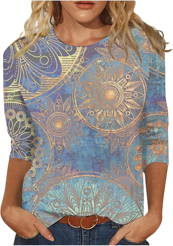HTHLVMD Womens 3/4 Length Sleeve Tops 2025 Fall Fashion Floral Print Crewneck Causal Trendy Tunic Tops for Women
