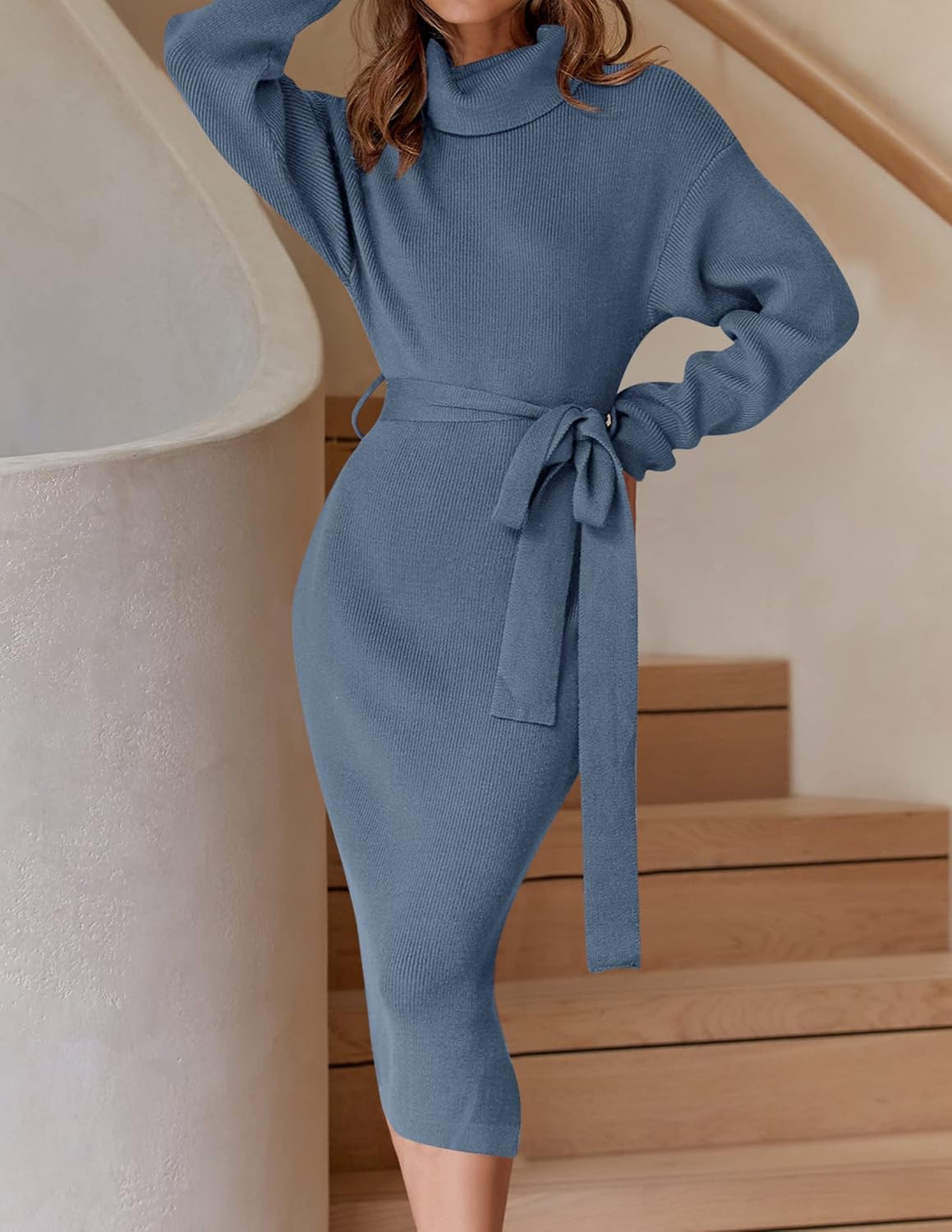 ZESICA Women's Turtleneck Sweater Midi Dress Long Sleeve Ribbed Knit Bodycon Slit Dress with Belt - Image 3