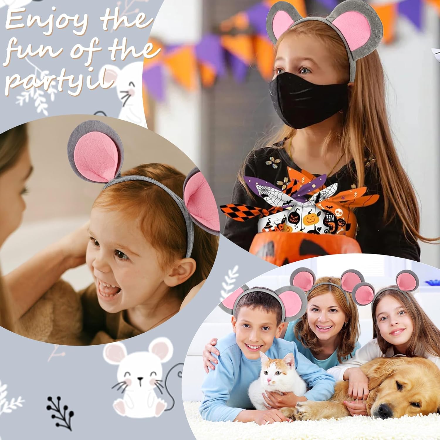 2PCS Halloween Mouse Ears Headband and Small Rat Ears Headband for Women Halloween Grey Rat HairBand Animal Head Band Mouse Costume Adult Party Cosplay - Image 5