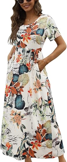 CHERFLY Women's Summer Maxi Dress Short Sleeve Casual Long Dress with Pockets