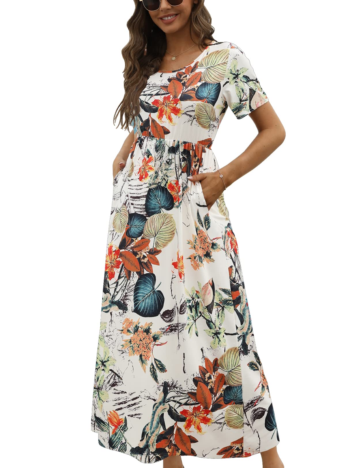CHERFLY Vestido Casual Verano para Mujer Vestido Largo Mangas Cortas con Bolsillos